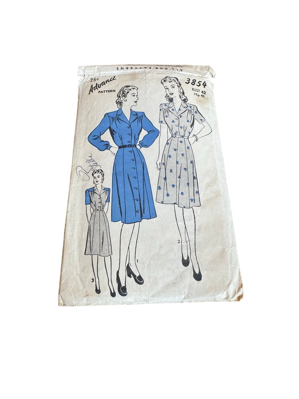 Vintage 1940s Advance Sewing Pattern 3854 Shirtwaist Dress Size 42 Bust WW2 Era